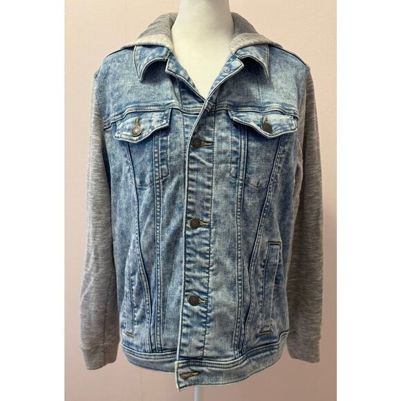 ABERCROMBIE KIDS Denim Jean Jacket Jersey Sleeves Hoodie Sweatshirt Size 13/14 - Picture 1 of 4